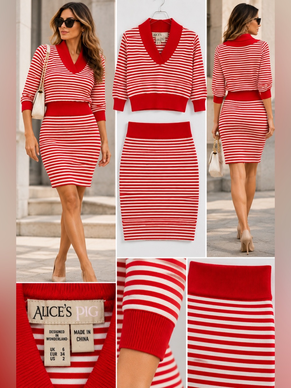 Alice’s Pig Red White Striped Knit 2 Piece Top Pencil Skirt Set US 2